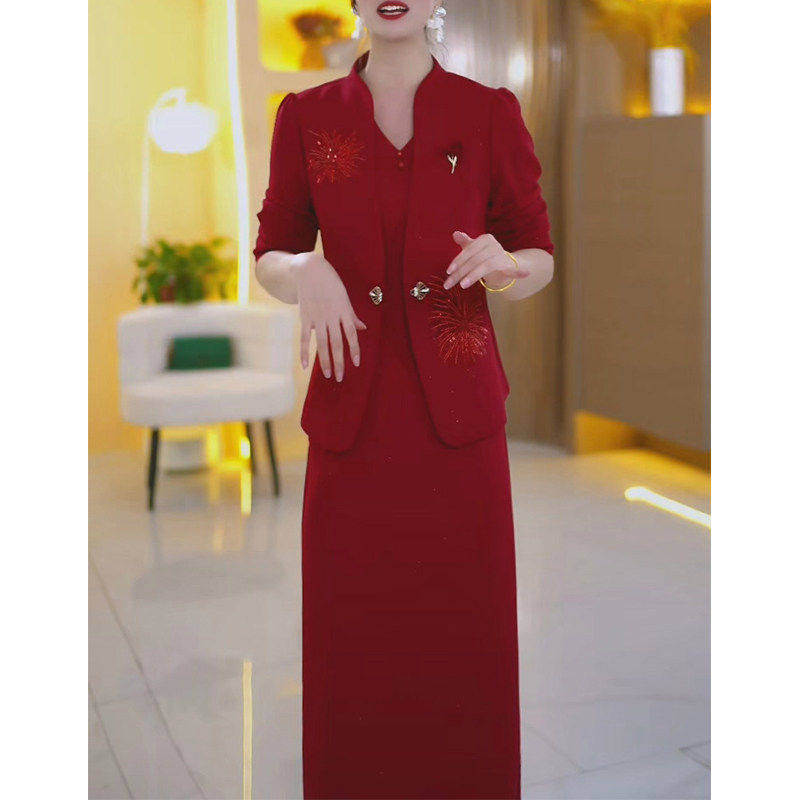 长袖小西服两件套连衣裙女2026年春秋新款妈妈婚宴礼服背心裙套装