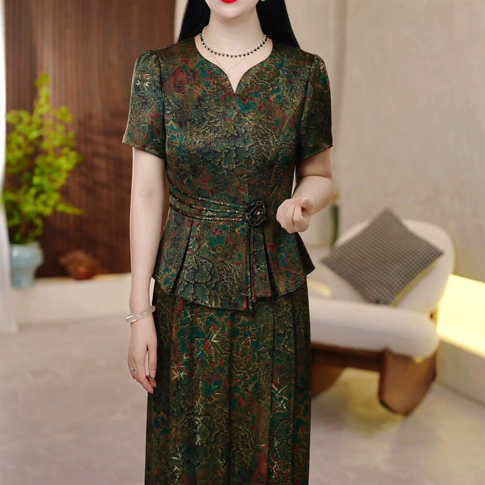 裤阔修身两件套感印花腿套装复古汉服套装