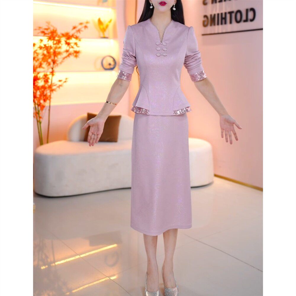 新中式温柔粉色套裙女2026秋季新款女士显瘦优雅气质半身裙两件套