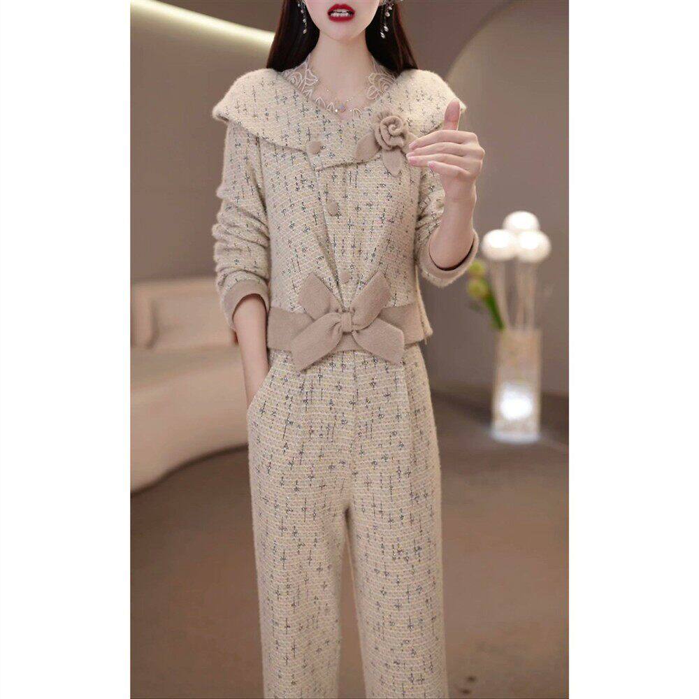 优雅蝴蝶结两件套女2026年春秋新款气质显瘦妈妈减龄高腰时尚套装