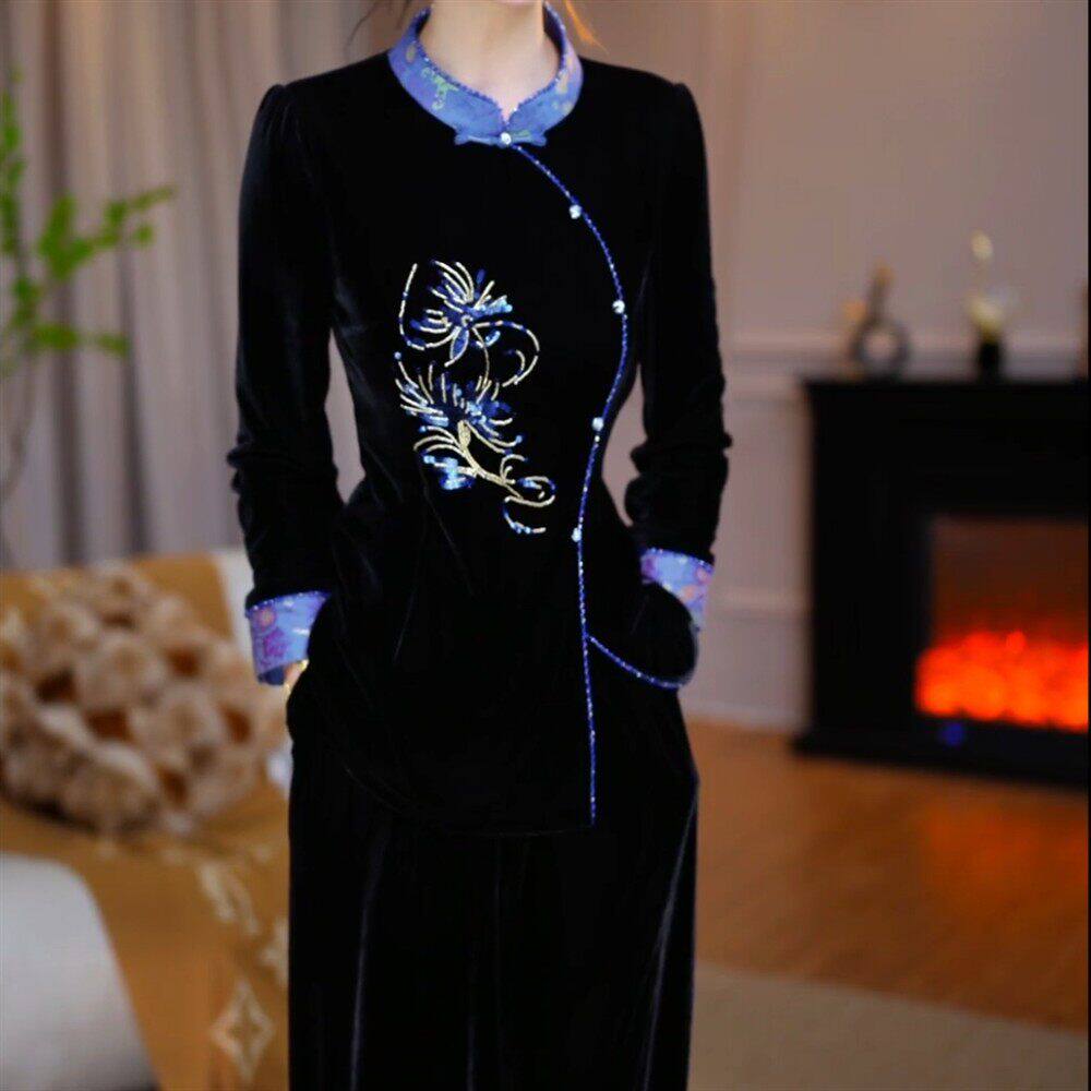 中式高端轻奢刺绣时尚套装女2026季新款气质百搭减龄阔腿裤两件套