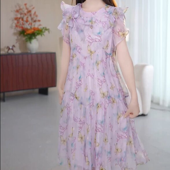面料夏季礼服2026轻羽短袖新款女优雅丝裙减龄连衣裙超仙显高级瘦