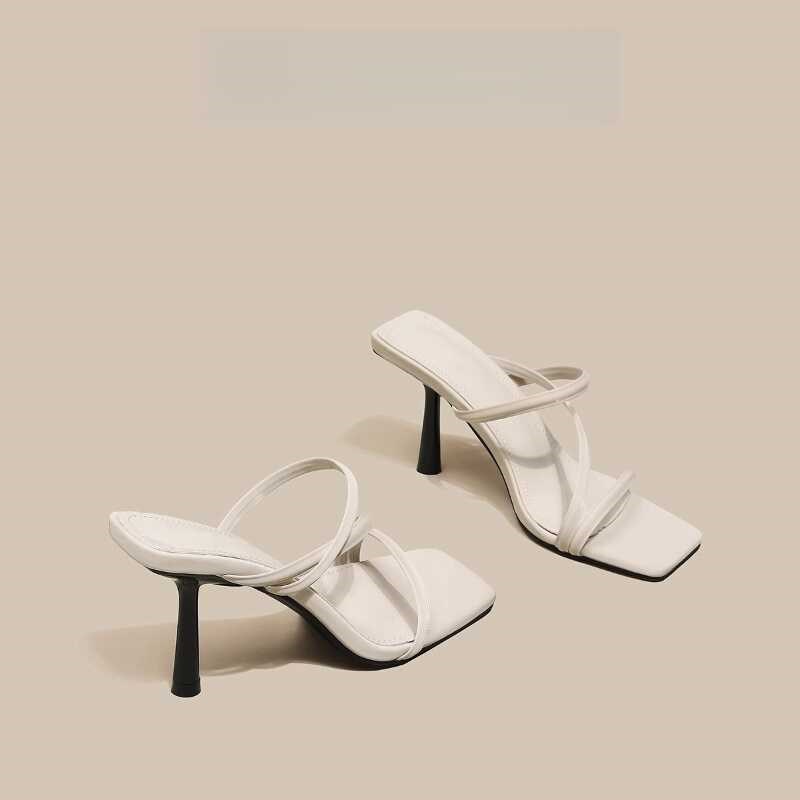 法式白色高跟鞋2024夏季新款细跟仙女风一字带凉鞋百搭方头凉拖鞋