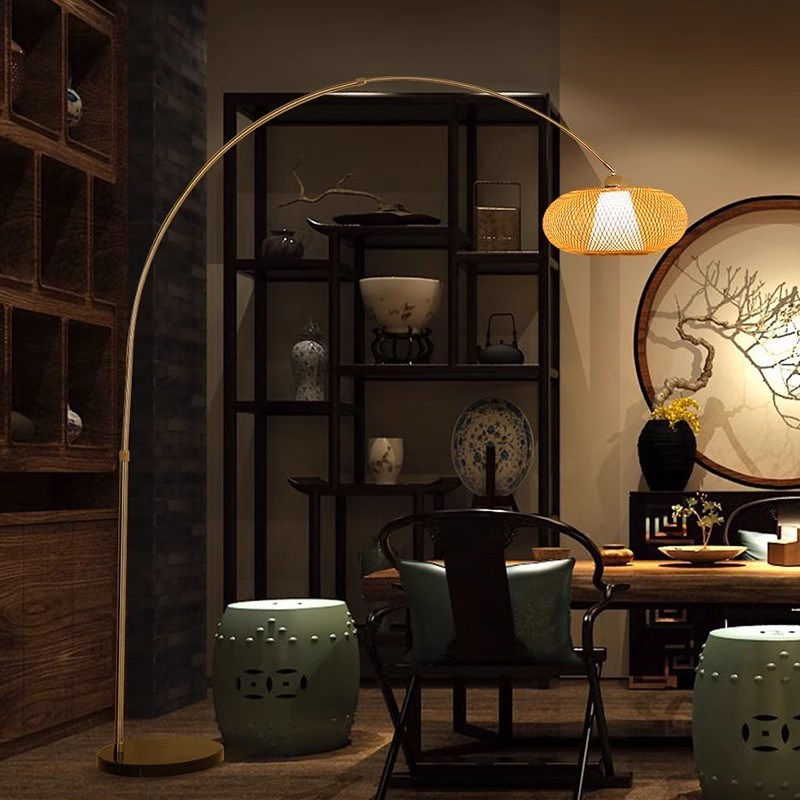 钓鱼灯茶室禅意复古客厅竹编茶桌台灯书房餐厅日式氛围中式落地灯