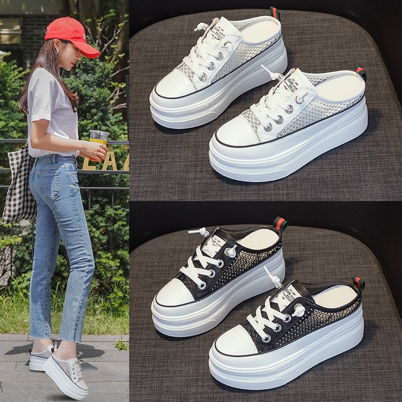 网纱透气真皮包头外穿半拖鞋女夏新款懒人小白鞋内增高厚底凉拖潮