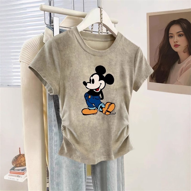 超火扎染正肩短袖上衣女款夏季美式卡通印花卡腰修身显瘦短款t恤