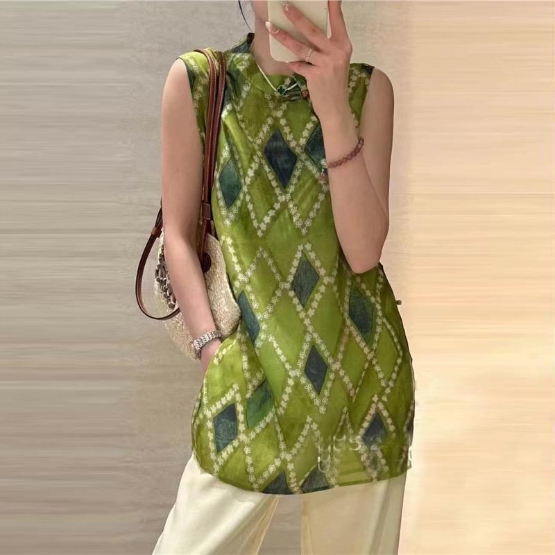 国风背心连衣裙女欧货2025夏季新款菱形新中式无袖马甲上衣旗袍裙