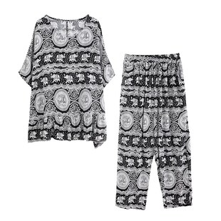 中老年棉绸套装女夏季时尚外穿大码休闲棉麻睡衣短袖七分裤两件套