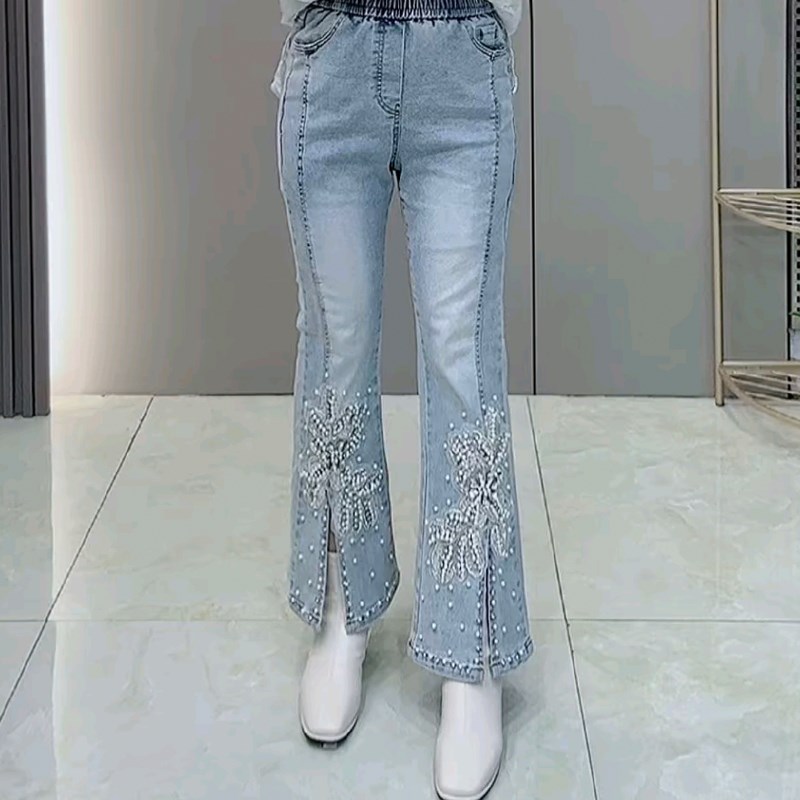 高腰休闲女裤前开叉钉珠牛仔裤胖mm2025早春新款宽松显瘦大码女装