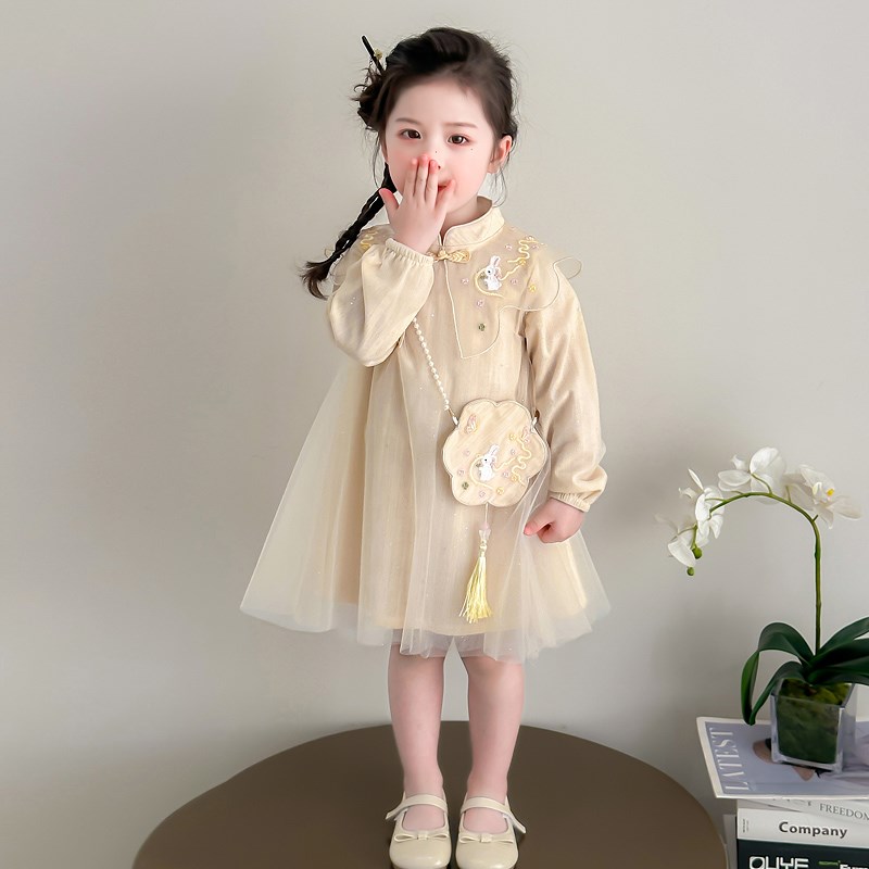 女童玉兔连衣裙春秋款长袖儿童女宝宝古风汉服小女孩新中式公主裙