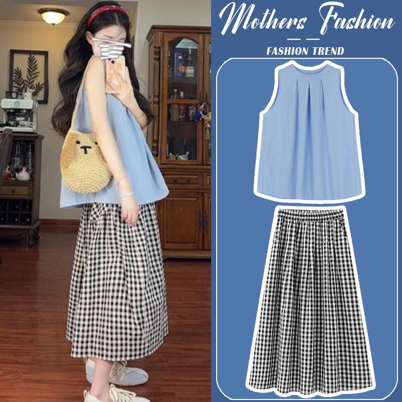 孕妇连衣裙套装夏季2025新款韩版蓝色无袖减龄上衣半身裙两件套女