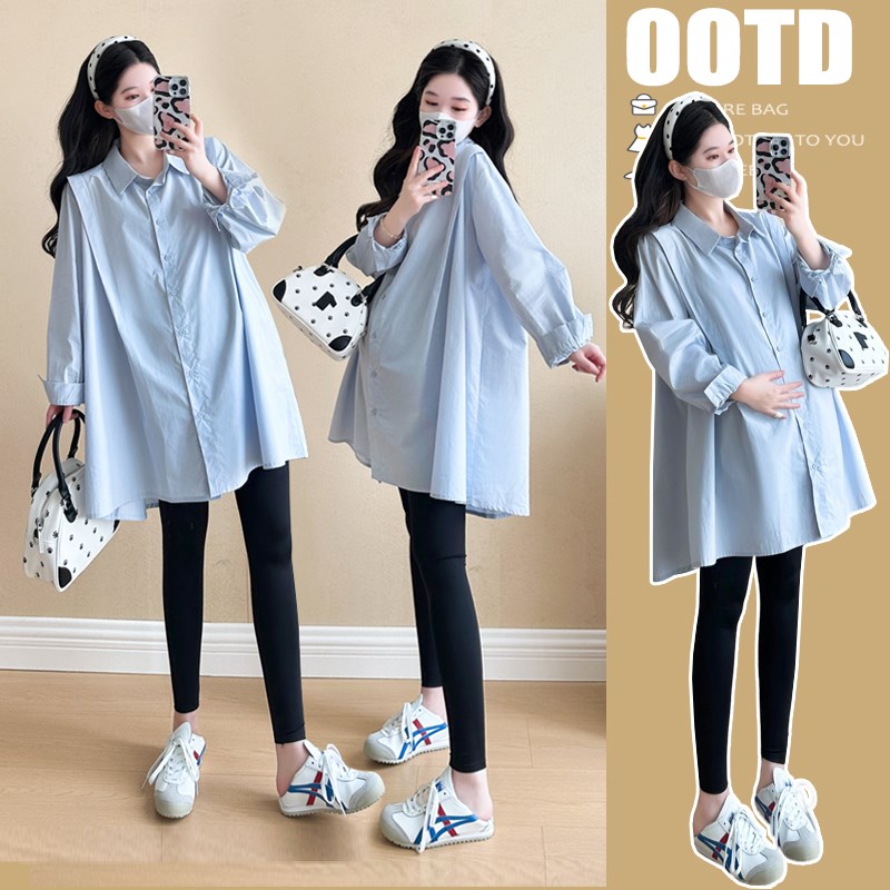 2024新款孕妇装秋装中长款宽松显瘦遮肚休闲衬衫春秋季孕妇连衣裙