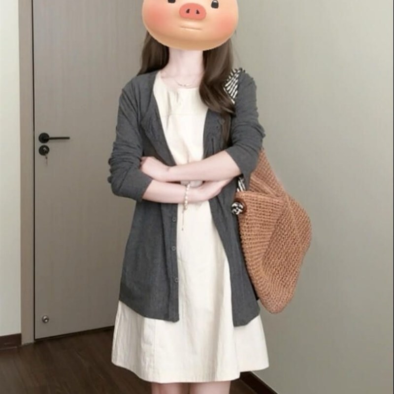 大码胖mm韩系气质套装裙女初秋长袖针织开衫遮肉背心连衣裙两件套