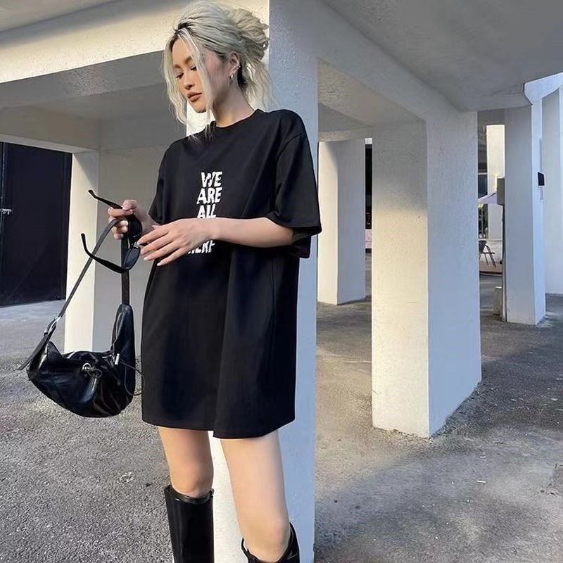 下衣失踪欧货大版中长款t恤女遮屁股大码200斤高个子加长版连衣裙