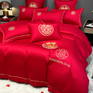 新婚水洗棉床上四件套结婚磨毛床品婚庆喜被套婚嫁大红色床单床笠
