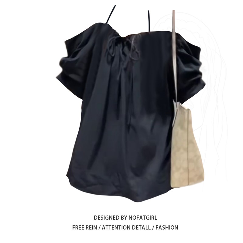 大尺码胖妹妹高级感法式黑色露肩娃娃衫小上衣女夏季设计感宽松小