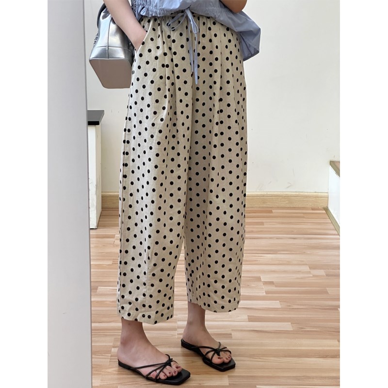 日系波点直筒休闲裤女夏季薄款胖mm梨形身材宽松显瘦九分阔腿裤子