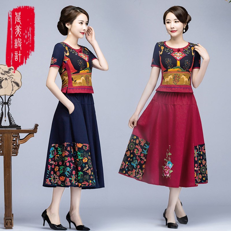 唐装女装中国风夏季民族风套装女款大码棉麻旗袍短袖上衣古风裙子