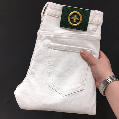 夏季白色牛仔裤男九分裤薄款欧货潮流欧版休闲弹力修身小脚长裤