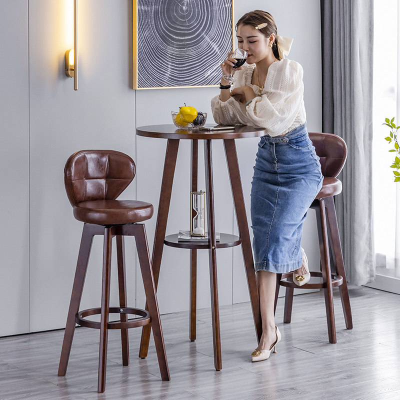 实木休闲圆形吧台桌阳台靠窗酒吧桌椅组合咖啡厅小高台家用高脚桌