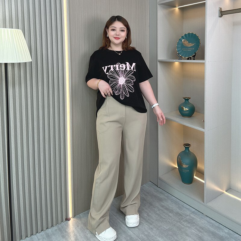 加肥加大码胖mm200斤西装阔腿裤女夏季薄款高腰垂感开叉拖地裤子