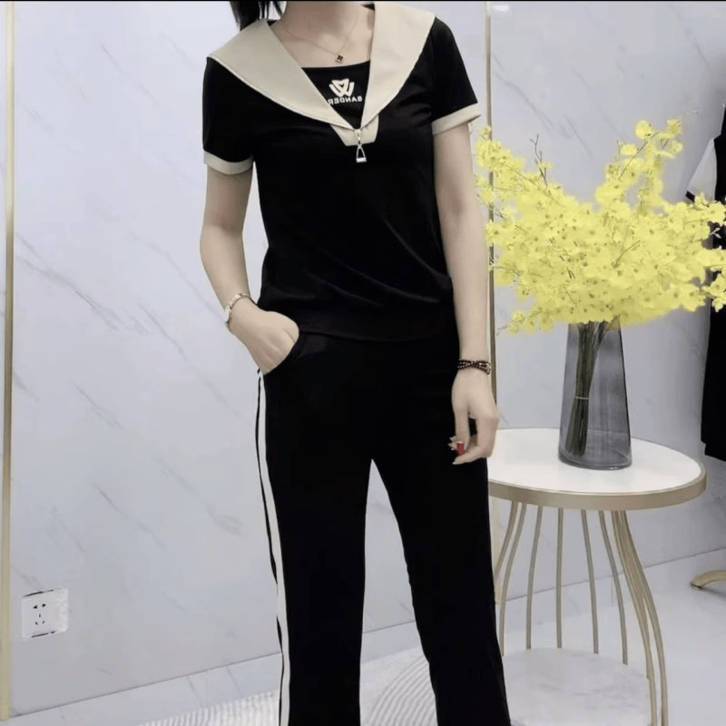 时尚休闲套装女夏季新款修身显瘦减龄遮肚翻领短袖T恤长裤两件套