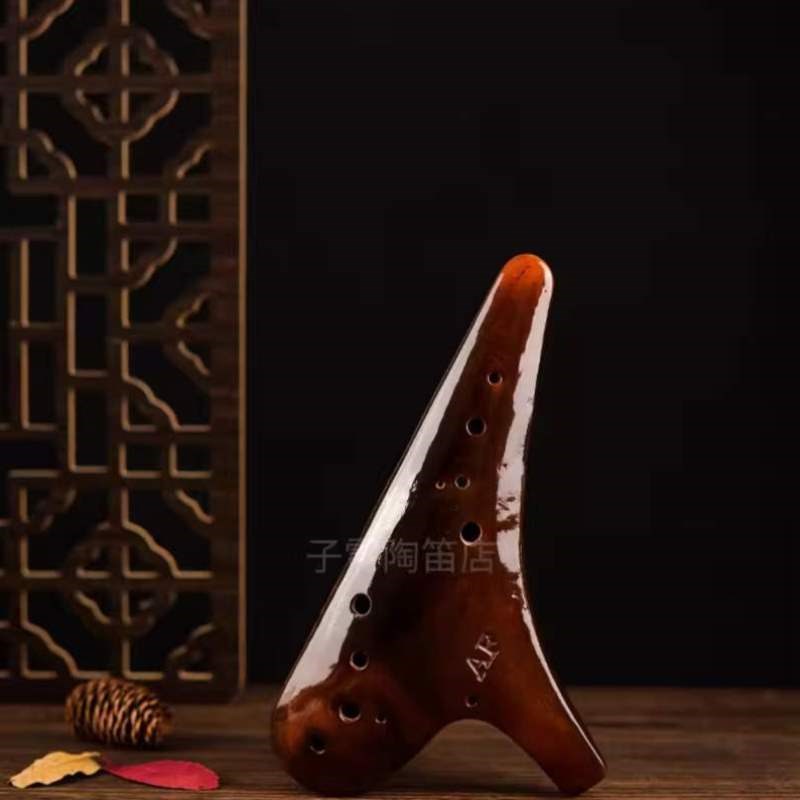 风雅12孔中音千年子雷F大漆烧陶笛AF专用陶笛调素工艺