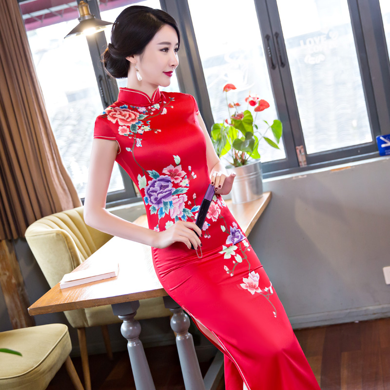 改良旗袍中长款2024年夏季装新款复古真丝绸连衣裙走秀演出晚礼服