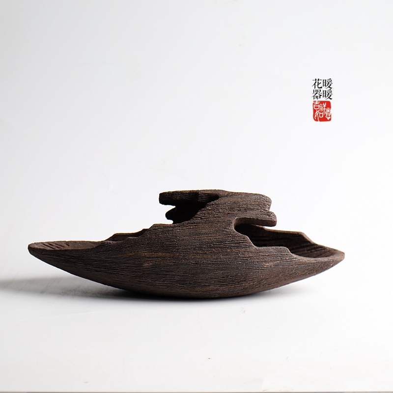 枯木随想暖暖j花器 紫砂手工仿木花盆 底部无孔 绿植苔藓造景