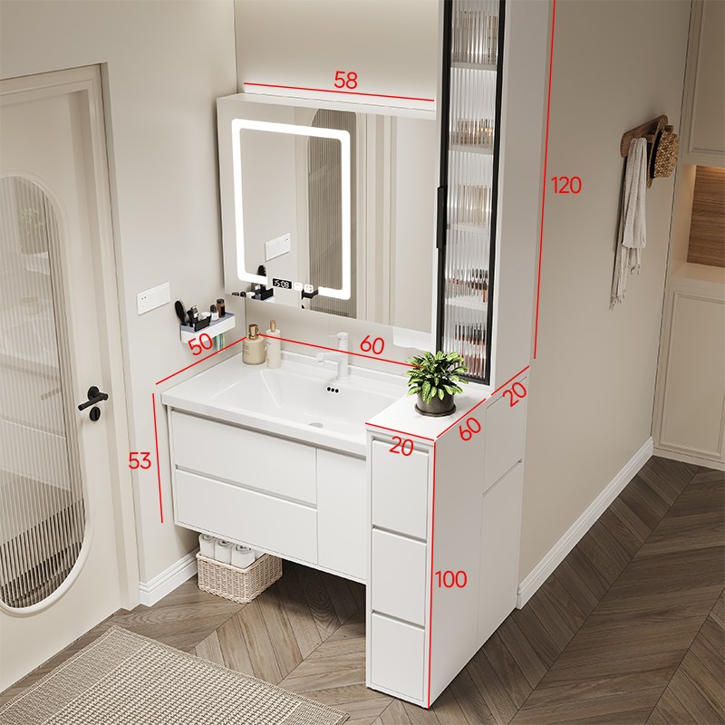 现代简约橡木浴室柜隔断边柜组合一体陶瓷盆无缝S盆洗手台盆柜定