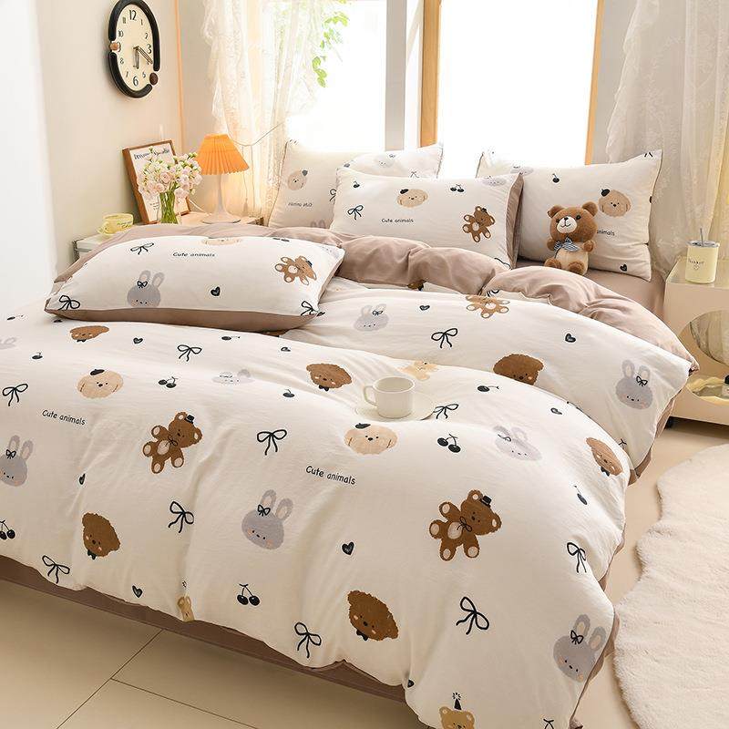 A类小清新水洗棉床上四件套磨毛棉床单被套罩学生宿舍床笠三件套