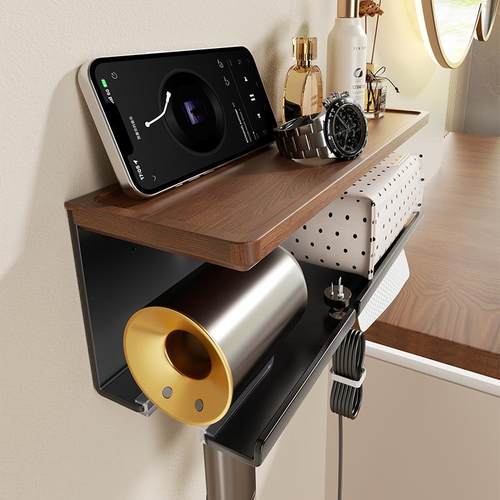 胡桃木吹风机置物架免打孔电风吹支架风筒壁挂式纸巾盒一体收纳架