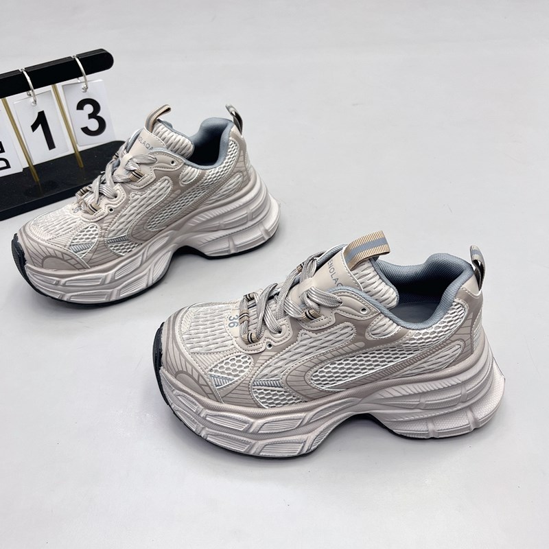 2025春新款小个子增高7CM网纱老爹鞋系带百搭运动鞋休闲松糕鞋女