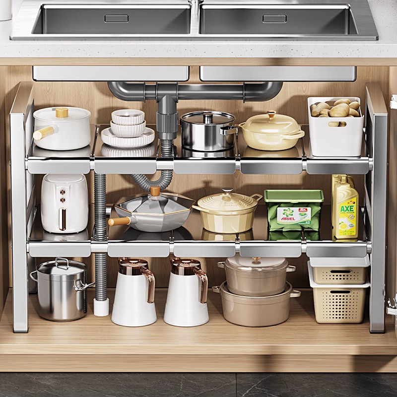 304不锈钢下水槽置物架厨房多功能整体橱柜内分层可伸缩锅具收纳