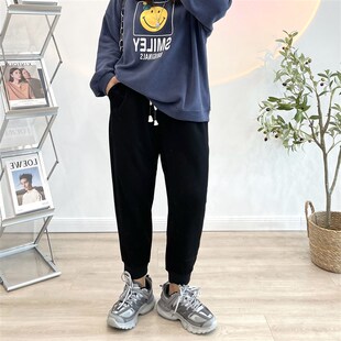 子女春秋 女高腰宽松束脚显瘦九分街头休闲卫裤 大码 灰色运动裤