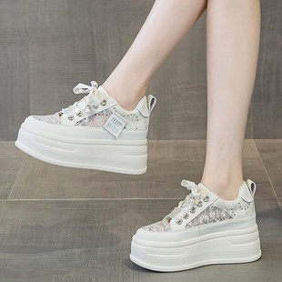 网纱透气8cm 百搭松糕透气休闲鞋 内增高厚底小白鞋 女2024春夏新款