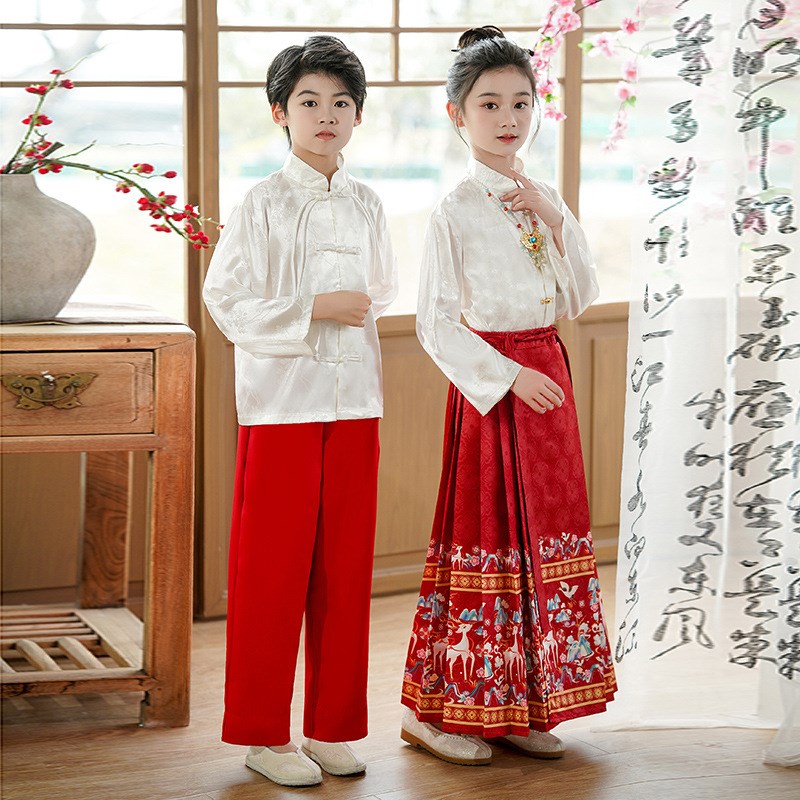 2024马面裙女童中国风春秋古装大童男童唐装儿童汉服女孩春季套装