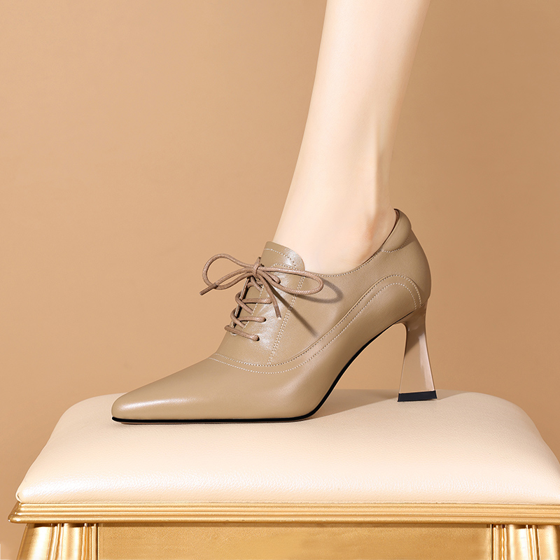 2024春季新款深口单鞋女百搭显瘦系带真皮女鞋气质尖头细跟高跟鞋
