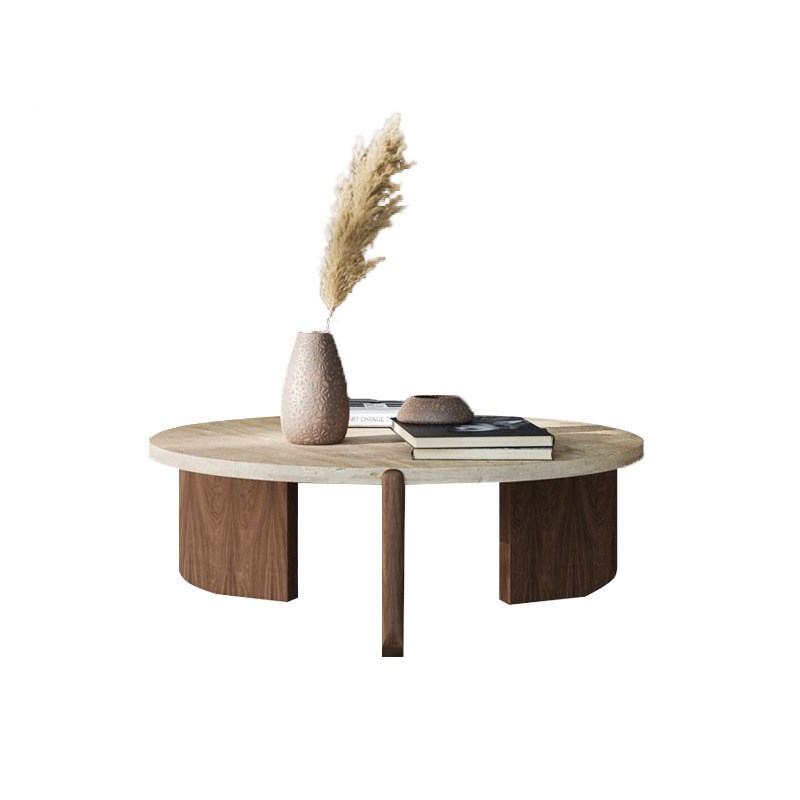 侘寂风天然圆形洞石茶几小户型客厅家用现代简约民宿大理石咖啡桌