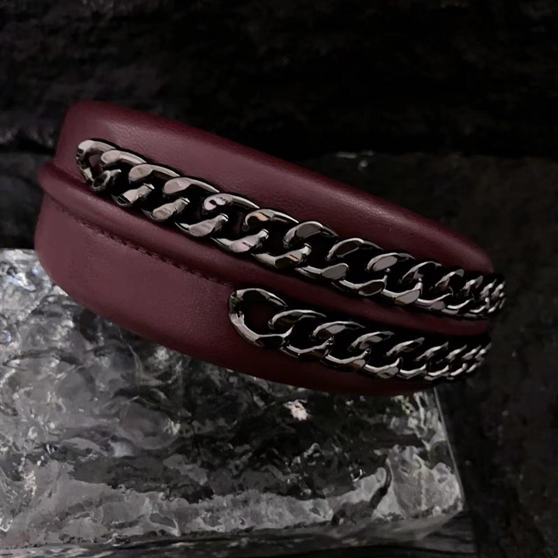 新款潮酷pu枪黑色链条发箍女外出洗脸简约发卡韩国头箍发饰头饰