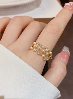 夏季2024年新款三层锆石珍珠戒指女时尚个性指环开口可调节食指戒