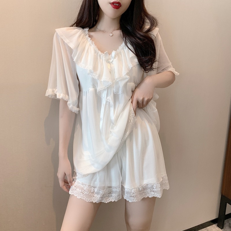 大码女装2021夏季新款胖妹妹mm网纱睡衣可爱蕾丝短袖家居服套装