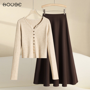 搭配一整套2024新款 女装 V领针织衫 半身裙套装 两件套裙 西装 早秋装