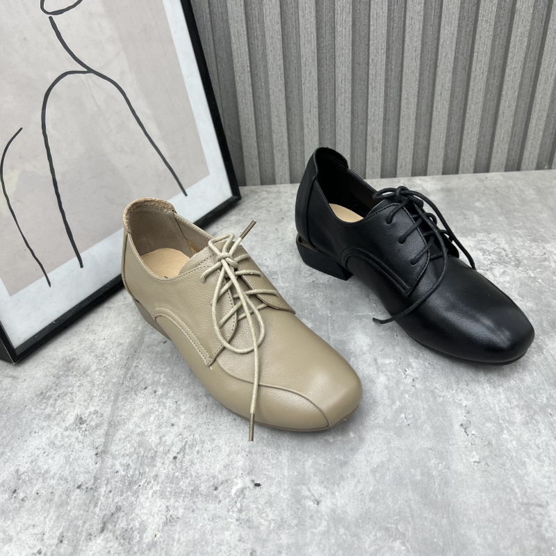 断码处理真皮女鞋2023秋新款舒适低跟复古纯色深口圆头系带女单鞋