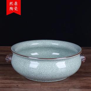 景德镇陶瓷仿古裂纹釉水浅鱼缸双耳狮子官窑瓷器水仙盆办公桌笔洗