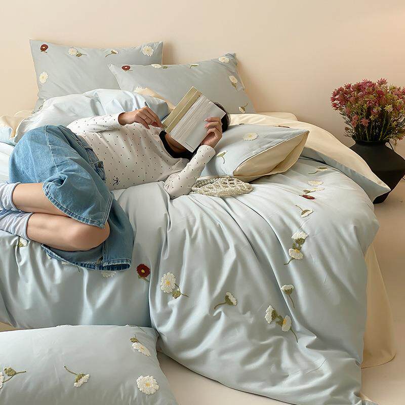 小清新雏菊100S长绒棉四件套新款全棉纯棉床单毛巾绣被套床上用品