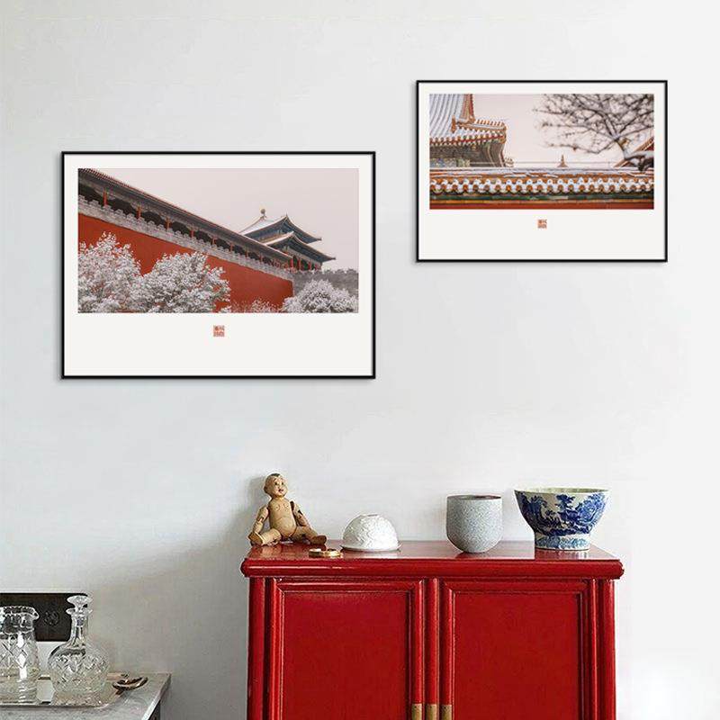 银装素裹 新中式客厅装饰画 中国红故宫建筑壁画现代中式玄关挂画