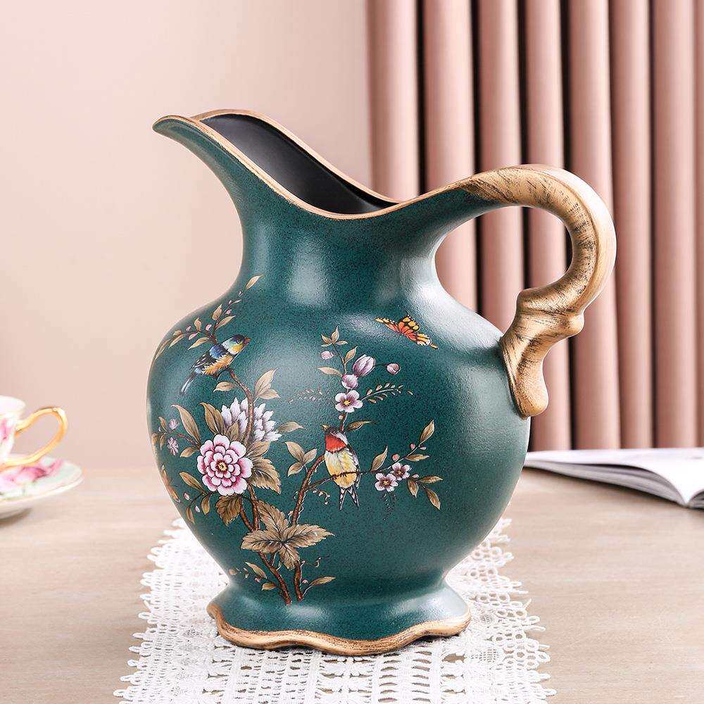 现代清晰田园墨绿陶瓷彩绘中号花瓶水壶插花器客厅酒店装饰工艺品