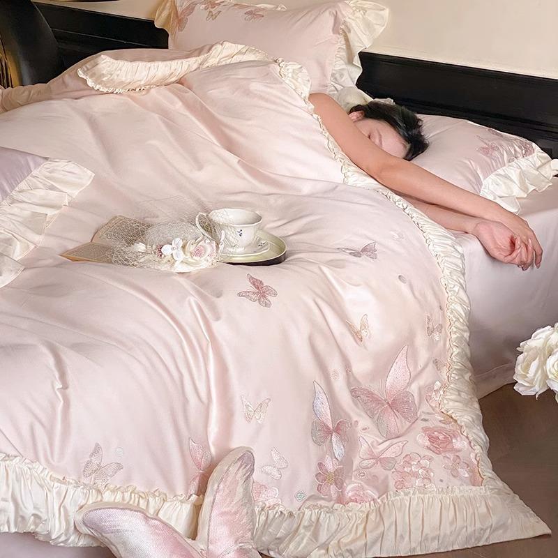 1少女心100S长绒棉四件套浪漫蝴蝶褶皱花边柔软全棉1.8m床上用品