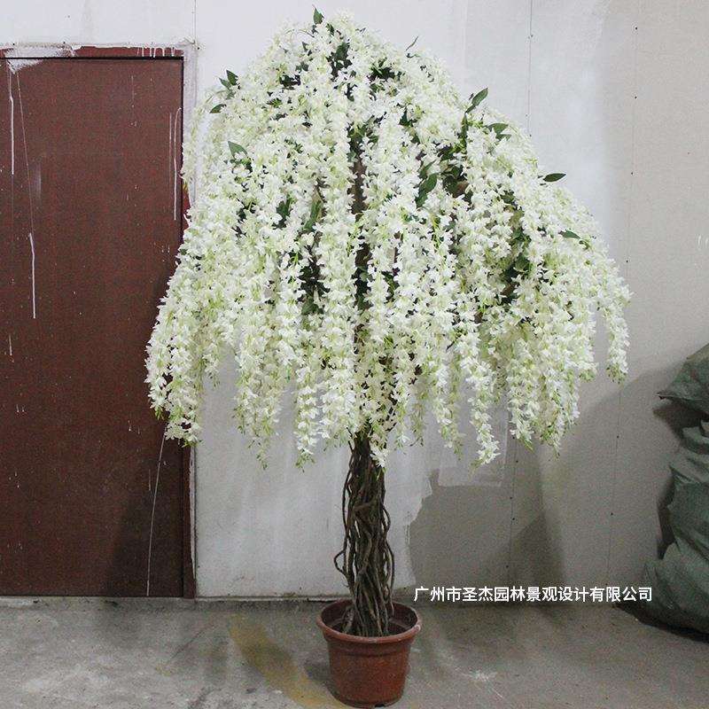 仿真白色豆花树婚庆现场装饰阻燃假花树绢布假花豆花盆栽仿真花树